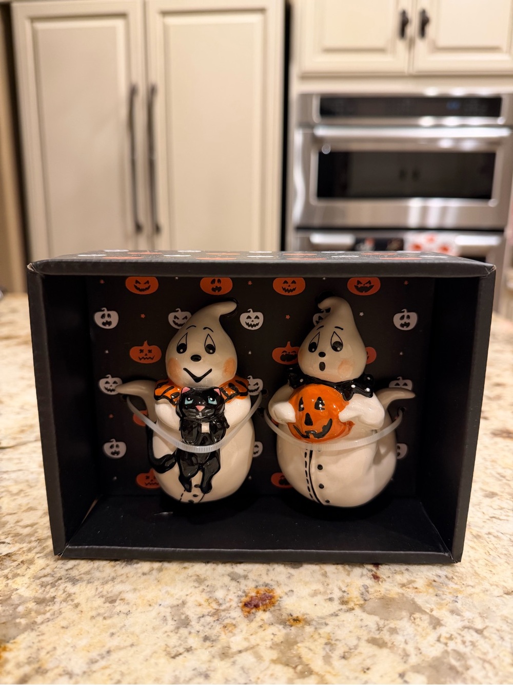 Blue Sky Halloween Ghost Salt & Pepper Set - White, Orange, Black
